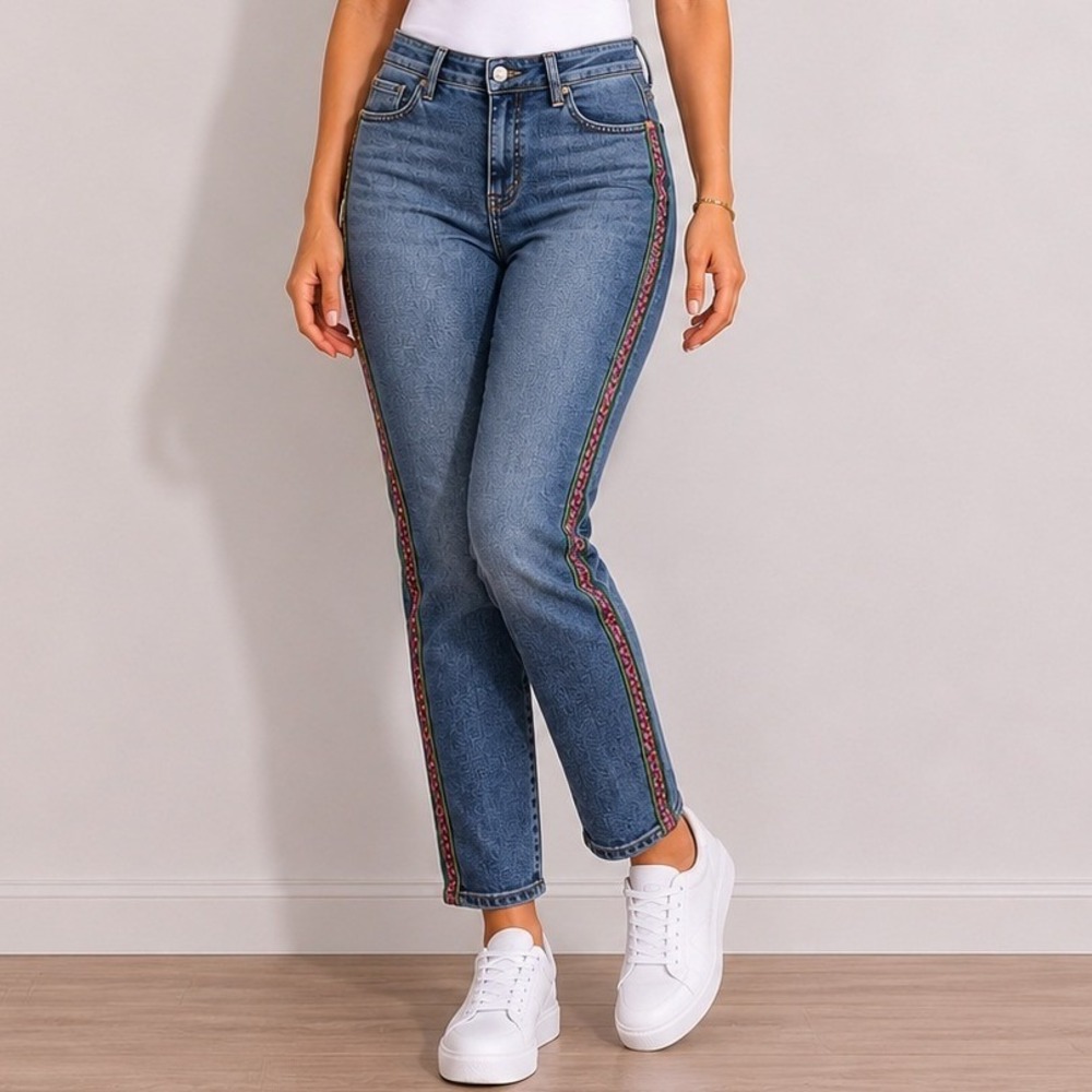 NYDJ Alina Legging Jeans 14 Blue Embroidered Side Stripe Lift Tuck Cropped‎ Boho